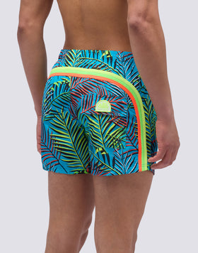 SHORT SWIMSUIT WITH ELASTIC WAIST AND NEON LEAVES PRINT