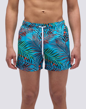 SHORT SWIMSUIT WITH ELASTIC WAIST AND NEON LEAVES PRINT