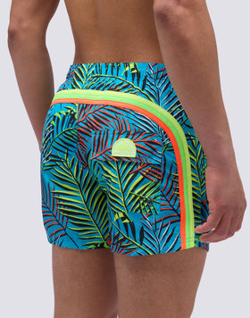 SHORT SWIMSUIT WITH ELASTIC WAIST AND NEON LEAVES PRINT