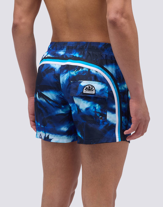 SHORT SWIMSUIT WITH ELASTIC WAIST IN RECYCLED POLYESTER WITH DARK STROMS PRINT