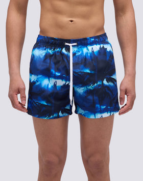 SHORT SWIMSUIT WITH ELASTIC WAIST IN RECYCLED POLYESTER WITH DARK STROMS PRINT