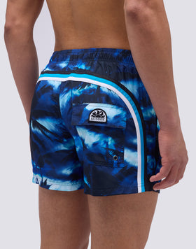 SHORT SWIMSUIT WITH ELASTIC WAIST IN RECYCLED POLYESTER WITH DARK STROMS PRINT
