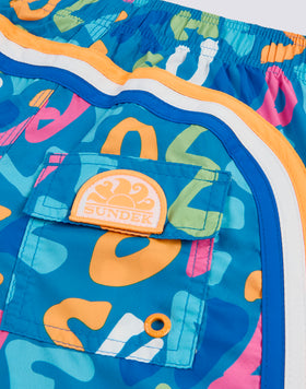 SWIMSHORTS SHORT ELASTICATED WAIST REPREVE® PRINT MULTIPOP