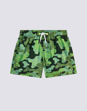 REPREVE® ELASTICATED WAIST SHORT SWIMSHORTS WITH INSIDE PALM PRINT