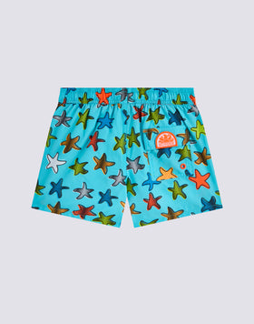 CHILDREN'S SHORT SWIMSHORTS WITH ELASTIC WAIST AND HAPPY STAR PRINT IN REPREVE® RECYCLED POLYESTER