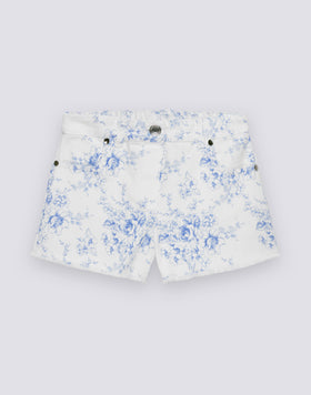 CHILDREN'S RAW-HEDGED SHORTS IN COTTON BULL WITH ROSE DE JOIE PRINT