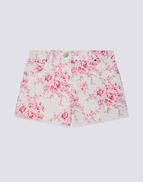 SHORTS BAMBINA A TAGLIO VIVO IN BULL DI COTONE STAMPA ROSE DE JOIE