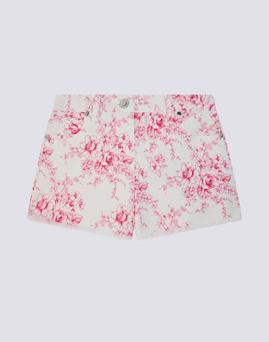 CHILDREN'S RAW-HEDGED SHORTS IN COTTON BULL WITH ROSE DE JOIE PRINT