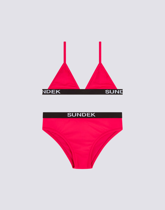BIKINI BAMBINA TOP A TRIANGOLO E SLIP FISSO CON ELASTICO LOGO