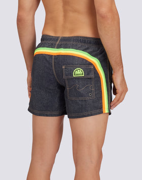 MAILLOT DE BAIN COURT TAILLE ÉLASTIQUE TAFFETA ICONIQUE GOLDENWAVE AVEC IMPRESSION DENIM