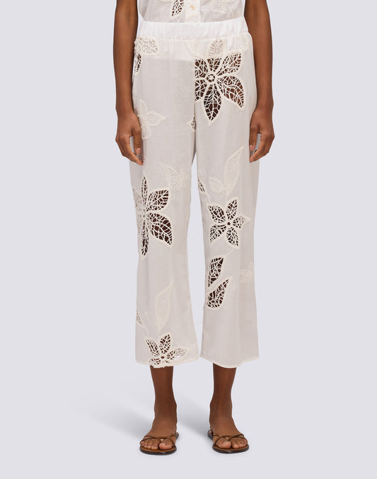 PANTALON LONG POUR FEMME EN BRODERIE ANGLAISE AVEC TAILLE ÉLASTIQUE
