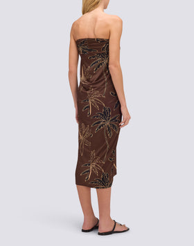 WOMEN'S STRAPLESS JERSEY DRESS WITH GOLDEN PALM PATTERN