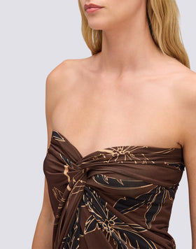 WOMEN'S STRAPLESS JERSEY DRESS WITH GOLDEN PALM PATTERN