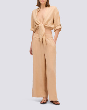 PANTALÓN PALAZZO LARGO DE LINO TEÑIDO EN PRENDA