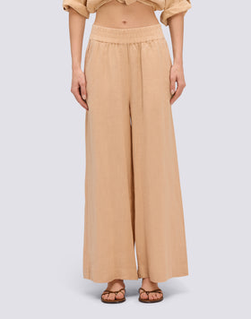 PANTALÓN PALAZZO LARGO DE LINO TEÑIDO EN PRENDA