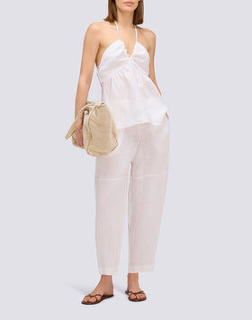 PANTALÓN LARGO DE LINO CON CINTURA ELÁSTICA AJUSTABLE