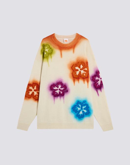 UNISEX CREW NECK SWEATER WITH FLOWER INTARSIA