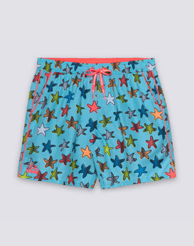 MEN'S MID-LENGTH SWIMSHORTS WITH ELASTIC WAIST AND HAPPY STAR PRINT IN REPREVE® RECYCLED POLYESTER