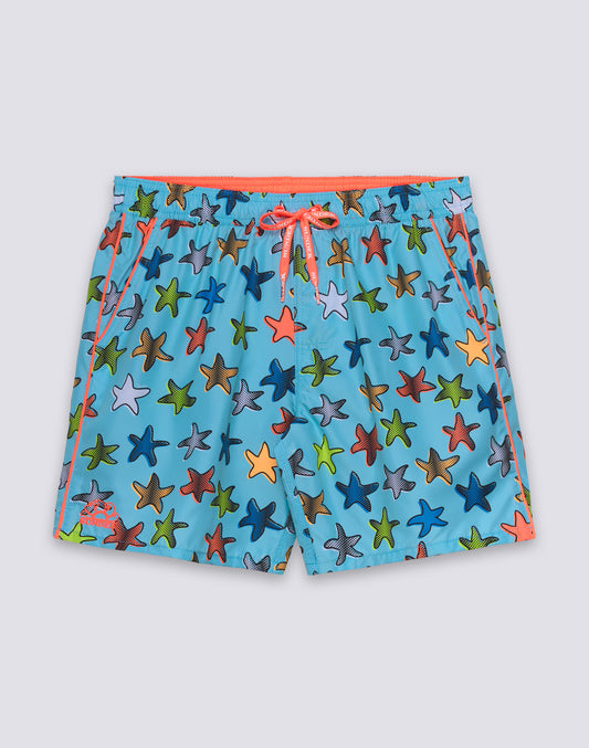 COSTUME DA BAGNO UOMO LUNGHEZZA MEDIA VITA ELASTICATA STAMPA HAPPY STAR IN POLIESTERE RICICLATO REPREVE®