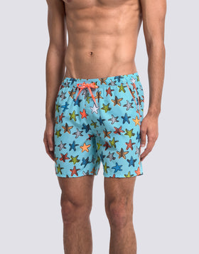 MEN'S MID-LENGTH SWIMSHORTS WITH ELASTIC WAIST AND HAPPY STAR PRINT IN REPREVE® RECYCLED POLYESTER