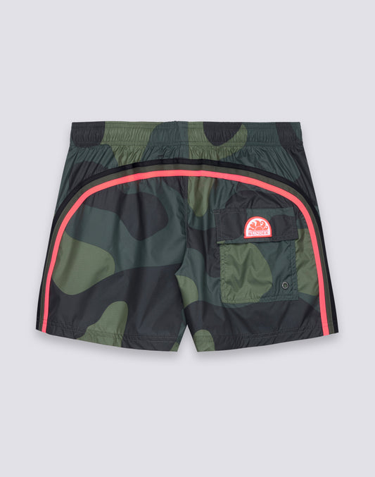 MEN'S SHORT SWIMSUIT WITH ELASTIC WAIST, CAMOU PRINT, RIP-STOP FABRIC