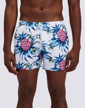 MEN'S SHORT SWIMSHORTS WITH ELASTIC WAIST IN REPREVE® RECYCLED POLYESTER WITH TROPIC DANCE PRINT
