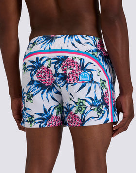 MEN'S SHORT SWIMSHORTS WITH ELASTIC WAIST IN REPREVE® RECYCLED POLYESTER WITH TROPIC DANCE PRINT