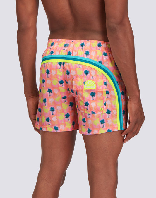 REPREVE® ELASTICATED WAIST SHORT SWIMSHORTS WITH PALM COLLAGE PRINT