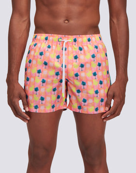 REPREVE® TRAJE DE BAÑO CORTO CON CINTURA ELÁSTICA Y PALM COLLAGE ESTAMPADO