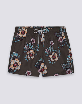 SHORT SWIM SHORTS WITH ELASTIC WAISTBAND IN REPREVE® RECYCLED POLYESTER WITH GRAPHIC FLOWER PRINT