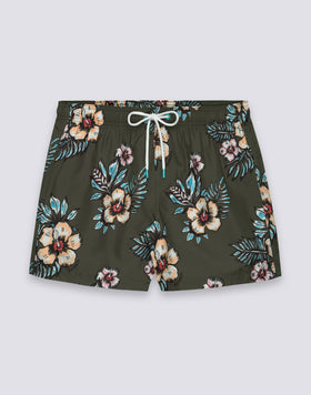 SHORT SWIM SHORTS WITH ELASTIC WAISTBAND IN REPREVE® RECYCLED POLYESTER WITH GRAPHIC FLOWER PRINT
