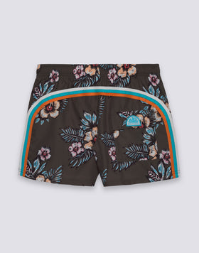 SHORT SWIM SHORTS WITH ELASTIC WAISTBAND IN REPREVE® RECYCLED POLYESTER WITH GRAPHIC FLOWER PRINT
