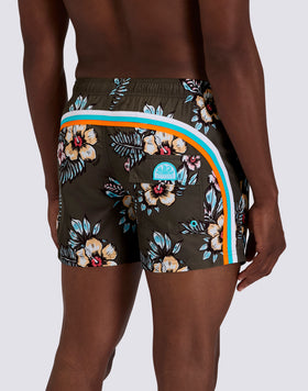 SHORT SWIM SHORTS WITH ELASTIC WAISTBAND IN REPREVE® RECYCLED POLYESTER WITH GRAPHIC FLOWER PRINT