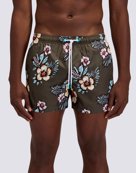 SHORT SWIM SHORTS WITH ELASTIC WAISTBAND IN REPREVE® RECYCLED POLYESTER WITH GRAPHIC FLOWER PRINT