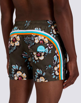 SHORT SWIM SHORTS WITH ELASTIC WAISTBAND IN REPREVE® RECYCLED POLYESTER WITH GRAPHIC FLOWER PRINT