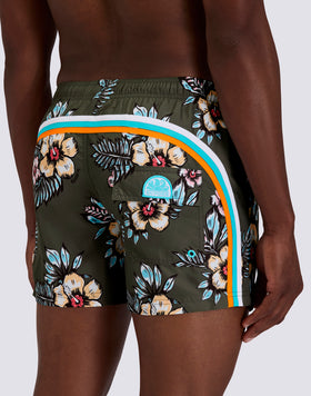 SHORT SWIM SHORTS WITH ELASTIC WAISTBAND IN REPREVE® RECYCLED POLYESTER WITH GRAPHIC FLOWER PRINT