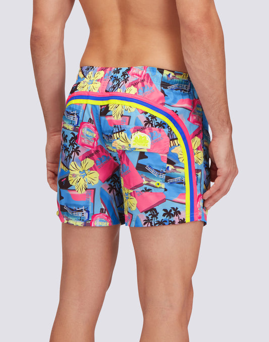 REPREVE® ELASTICATED WAIST SHORT SWIMSHORTS WITH GREETINGS FROM CALIFORNIA PRINT