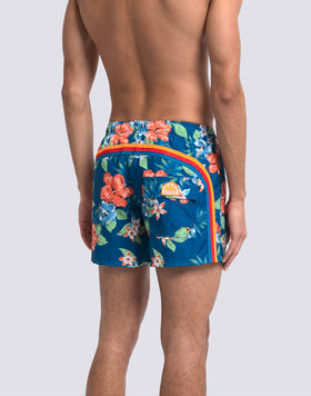 SHORT SWIM SHORTS WITH ELASTIC WAISTBAND IN REPREVE® RECYCLED POLYESTER WITH ISLAND BLISS PRINT