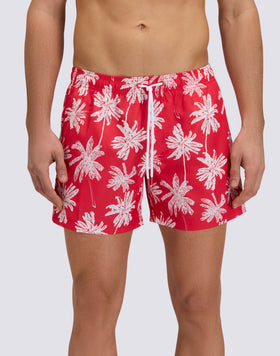 SHORT SWIM SHORTS WITH ELASTIC WAISTBAND IN REPREVE® RECYCLED POLYESTER WITH PALM OASIS PRINT