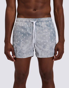 MEN'S SHORT SWIMSUIT WITH ELASTIC WAIST PAISLEY BANDANA PRINT IN RECYCLED POLY