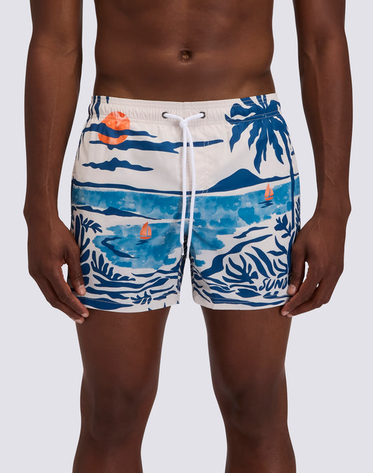 MEN'S SHORT SWIMSUIT WITH ELASTIC WAIST AND NOSTALGIC SEA PRINT IN RECYCLED POLY