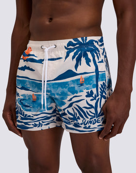 MEN'S SHORT SWIMSUIT WITH ELASTIC WAIST AND NOSTALGIC SEA PRINT IN RECYCLED POLY