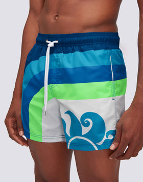 REPREVE® ELASTICATED WAIST SHORT SWIMSHORTS WITH SUN COLORS PRINT