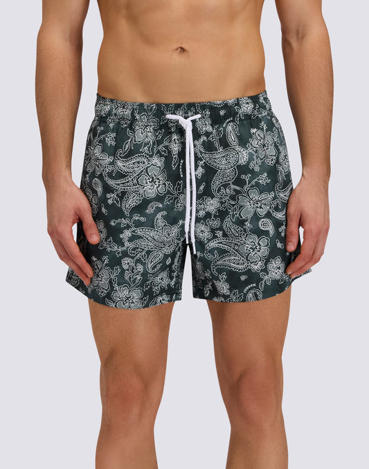 MEN'S SHORT SWIMSUIT WITH ELASTIC WAIST AND HIBI PAISLEY PRINT IN RECYCLED POLY