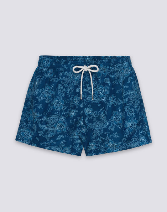 MEN'S SHORT SWIMSUIT WITH ELASTIC WAIST AND HIBI PAISLEY PRINT IN RECYCLED POLY