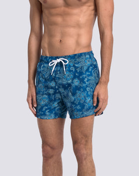 MEN'S SHORT SWIMSUIT WITH ELASTIC WAIST AND HIBI PAISLEY PRINT IN RECYCLED POLY