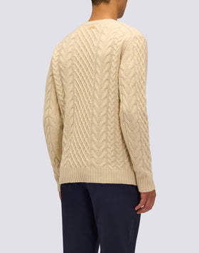 MEN'S CREW NECK SWEATER WITH CABLES IN MERINO WOOL AND CASHMERE