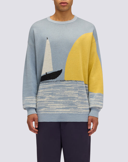 MEN'S CREW-NECK JACQUARD SWEATER WITH BOAT IN THE MIDDLE OF THE SEA DESIGN