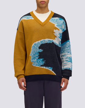 PULL COL V JACQUARD POUR HOMME AUX COULEURS EFFET MER