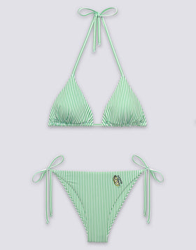BIKINI DONNA TOP A TRIANGOLO E SLIP A LACCETTI STAMPA JUICY STRIPES CON RICAMO FRUTTA